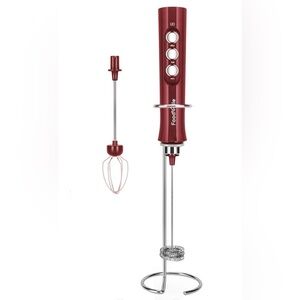 FoodVille Red Handheld Rechargeable Milk Frother Foam Maker w/ Stainless Whisk